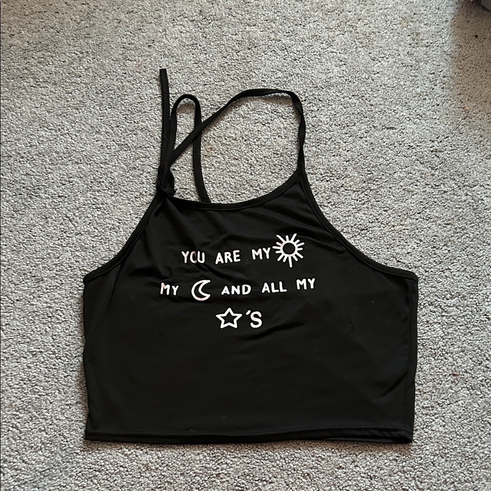 Black Halter Crop Top with White Graphic